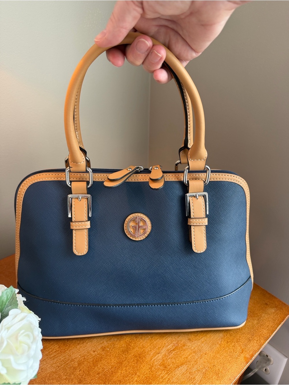 Giani Bernini Navy and Tan Saffiano Satchel